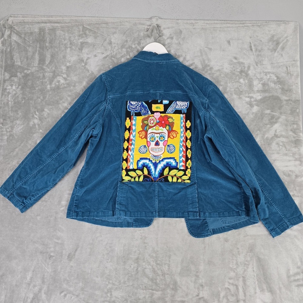 Sugar Skull Womens Corduroy Blazer Jacket 20 Teal Blue Dia de Los Muertos - Picture 3 of 7